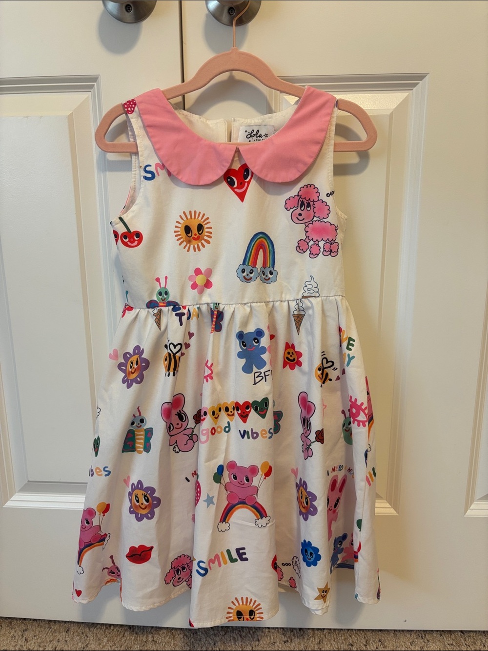 Lola + The Boys doodle dress with pink collar